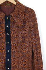 1970S Collared Patterned Dress - Brown L
