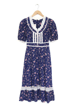 1970S Gunne Sax Style Floral Midi Dress - Blue S