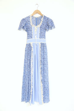 1980S Floral Maxi Prairie Dress - Blue S